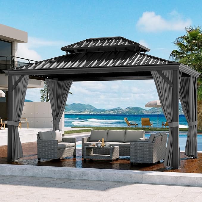 Outdoor Hardtop Gazebos 12 x 12 ft Permanent with High Strength Aluminum Frame, Double-Roof, Pavilion with Curtain and Netting for Patio, Lawn, Deck, Garden (Darkgrey, 12x12 ft)