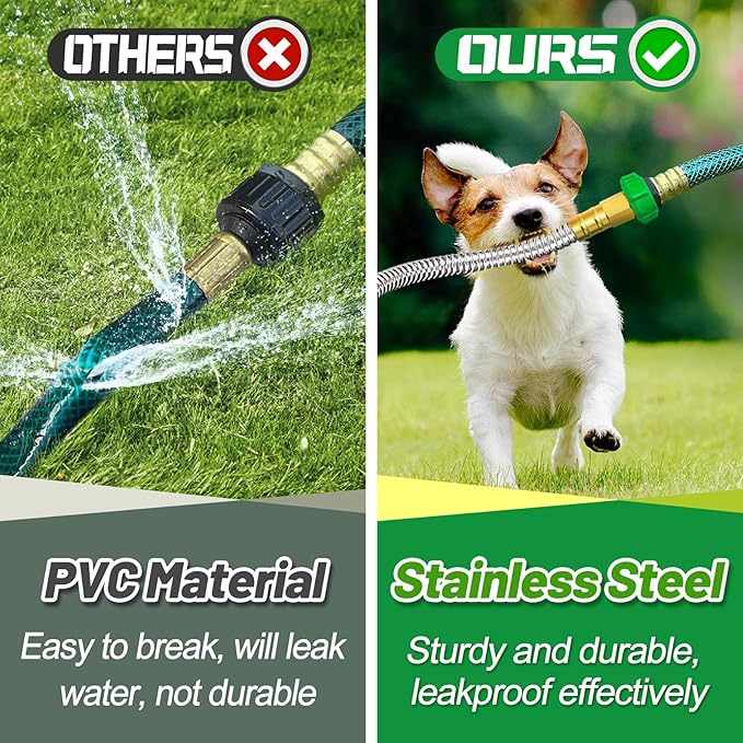 Short Garden Hose with Female to Female Connector - 2ft Metal Leakproof Leader Hose for Reel, Heavy Duty 304 Stainless Steel Flexible Water Pipe for Outdoor Garden Watering Car Pet Cleaning