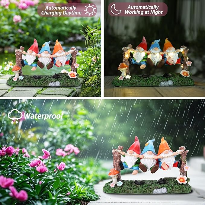 Garden Gnome Statue, Solar Swing Gnomes Figurine with Flowers and Mushrooms, Waterproof Resin Outdoor Decor for Patio Lawn Yard Home Tabletop Decoration