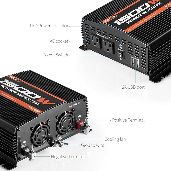 POTEK 1500W Power Inverter Dual AC Outlets 12V DC to 110 V AC Car Inverter
