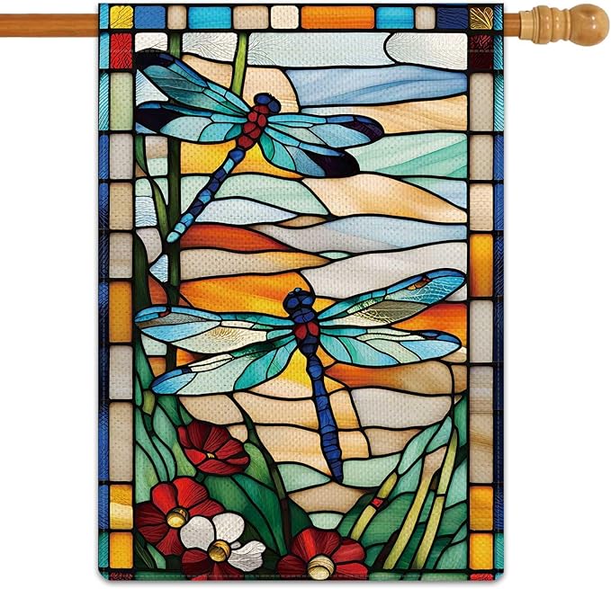 Spring Summer Dragonfly Garden Flag Glass Style Flowers Garden Flag Vertical Double Sided Rustic Farmland Burlap Yard Lawn Outdoor Decor 28x40"