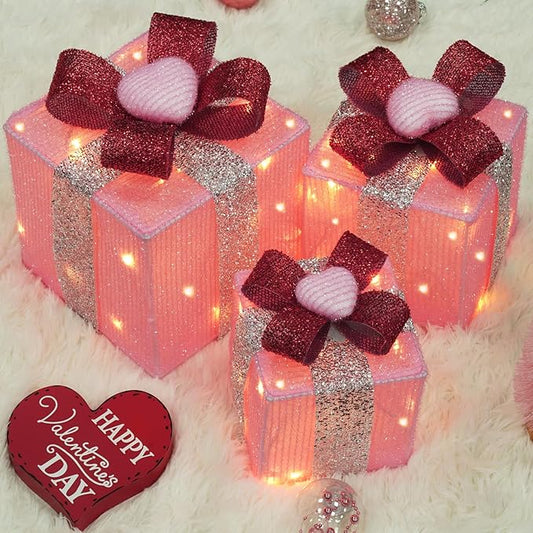Set of 3 Lighted Gift Boxes, Plug-in 60 LED Light Up Pink Present Boxes for Christmas Decorations Indoor Home Wedding Holiday Birthday Party Porch (Pink Heart)