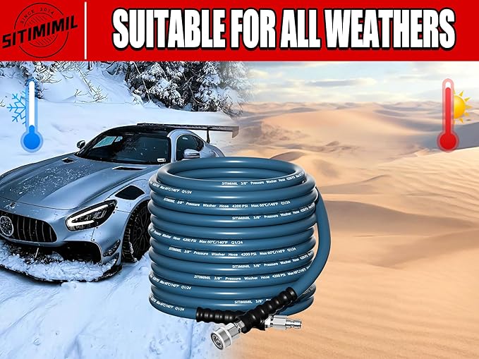 3/8'' Pressure Washer Hose 50FT - Kink Resistant Steel Wire Braided, Wear Resistant, 3/8" Stainless Steel Quick Connect, with M22 14mm Adapter Set, Hot and Cold Water Power Washer Hose, 4200 PSI