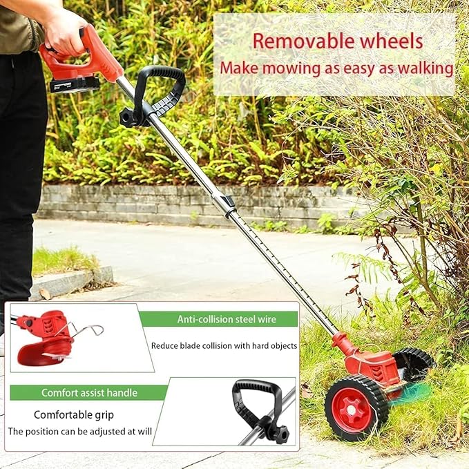 Electric Weed Wacker 21V Electric Weed Cordless Eater with 2pcs Batteries and 3 Types Blades&Auxiliary Wheel Weed Trimmer Lightweight 3 in 1 Stringless Grass Trimmer Edger/Brush Cutter for Lawn