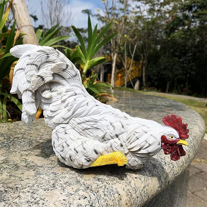 Garden Statues Cock Art Decoration Rooster Figurine Waterproof Chicken Sculpture Ornaments for Garden Yard Pathway Fence Porch Lawn (White)
