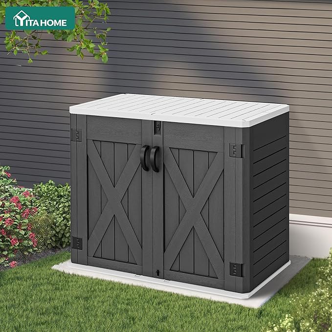 YITAHOME Outdoor Horizontal Storage Shed with X-Shaped Lockable Door, 35 Cu Ft Weather Resistant Resin Tool Shed w/o Shelf, Ideal for Bike, Trash Cans, Garden Tools, Lawn Mowers, Dark Gray