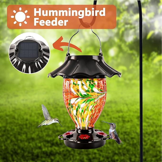 LUJII Solar Hummingbird Feeder for Outdoors Hanging with Color Changing, Hand Blown Glass Reservoir, 32 fl.oz, Never Leak, Lighted Lantern for Garden Decor, Unique Gift for Bird Lover (Red)