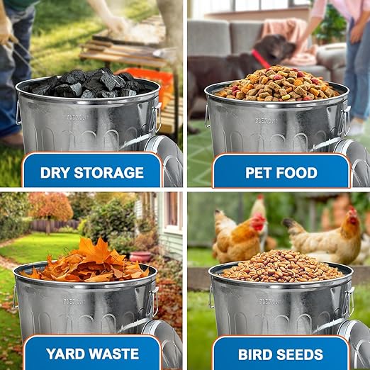 Plexon 20 Gallon Metal Trash Can with Lid Outdoor Galvanized Steel Large Garbage Can, 3 Pack