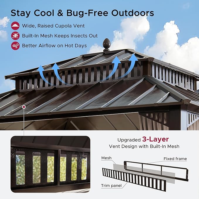 SUNJOY Kingston 12' x 10' Hardtop Gazebo with Galvanized Steel Double Roof, Curtain and Netting, Brown Aluminum Posts Permanent Pavilion Gazebo for Garden, Patio, Deck, Lawn