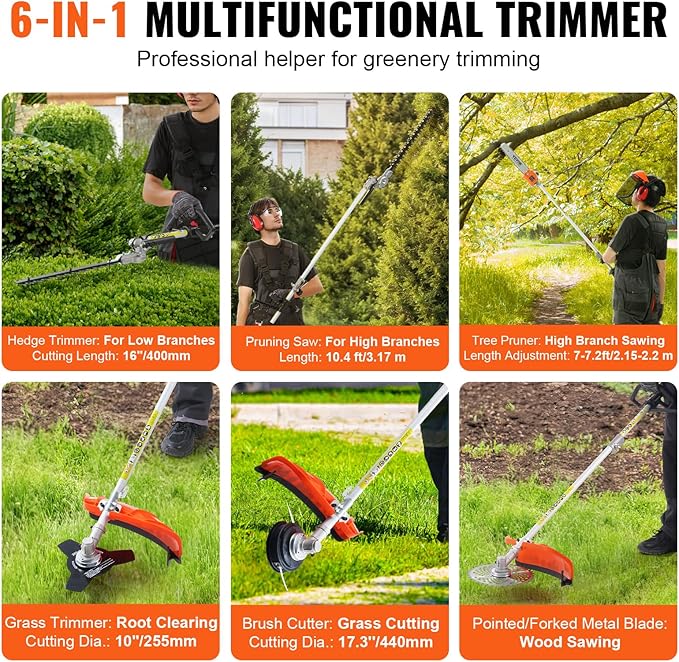 VEVOR 33CC 2-Cycle 5-in-1 Gas Powered Chainsaw with Extension Pole, All-in-One Trimmer Set with Hedge Trimmer, Weed Eater, Brush Cutter, Edger, and Pole Saw for Garden, Lawn, and Tree Maintenance