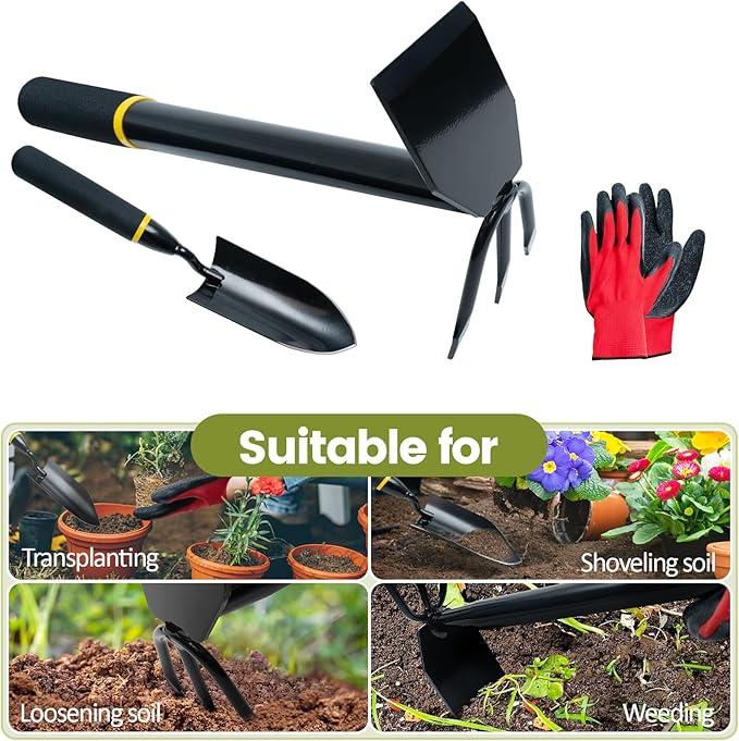 2 Pcs Garden Tool Set, Heavy Duty 2 in 1 Garden Hoe and V-Shaped Garden Trowel, Durable Gardening Hand Tools for Weeding, Loosening Soil, Transplanting