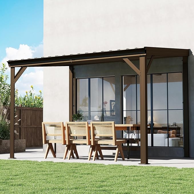 Domi 8’x10’ Lean-to Gazebo, Hardtop Wall-Mounted Gazebo Pergola with Sloping Galvanized Steel Roof and Upgraded Drainage System, Outdoor Permanent Metal Shelters for Patio Backyard Deck, Brown