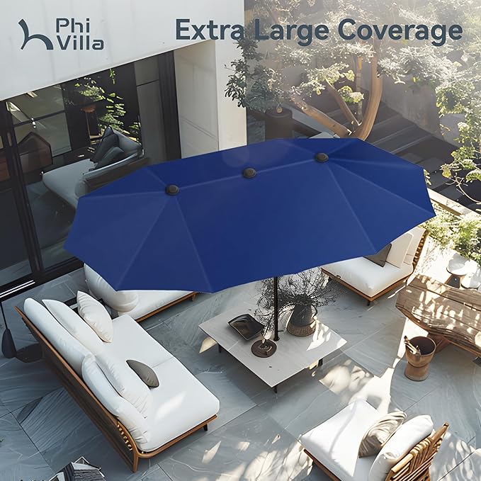 PHI VILLA 13ft Large Patio Umbrellas, Double-Sided Outdoor Market Rectangle Umbrella for Outside, Haze Blue