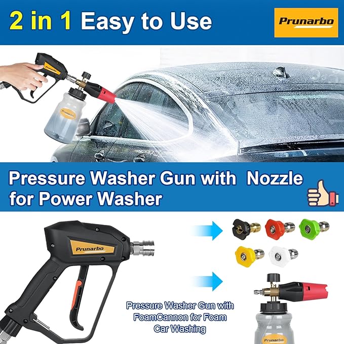 Pressure Washer Gun with Foam Cannon 5000 PSI, Heavy Duty Brass Foaming Car Wash Sprayer Adjustable Snow Foam Blaster for Car Washing with 1/4” Quick Connector 5PCS Nozzle Tips, PR-M01