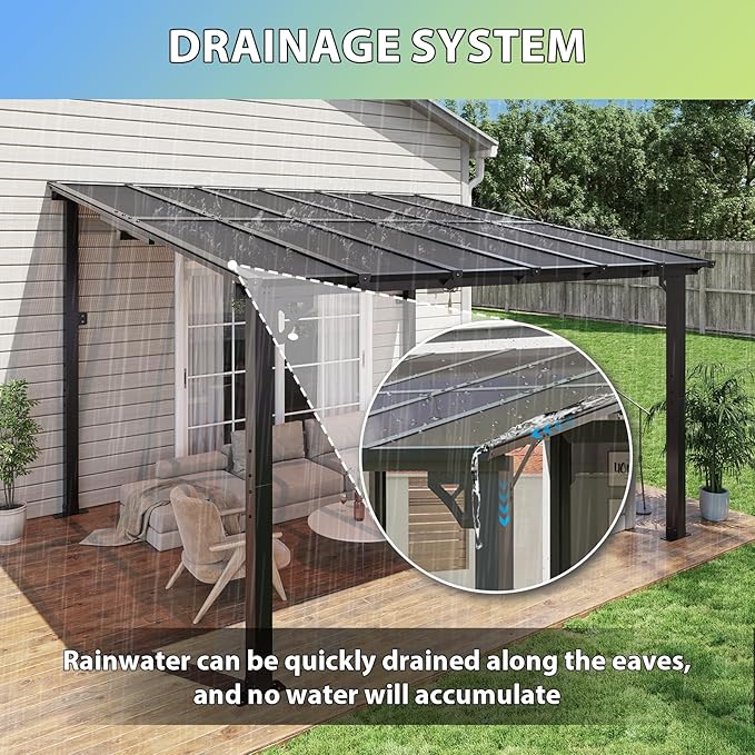 Aoxun 10’x 12’ Premium Gazebo with Aluminum Top Frame & Polycarbonate Panel, Wall Mounted Gazebos Pergola, Outdoor Patio Lean to Gazebo, Awnings with Sloped Roof, for Backyard, Porch, Deck