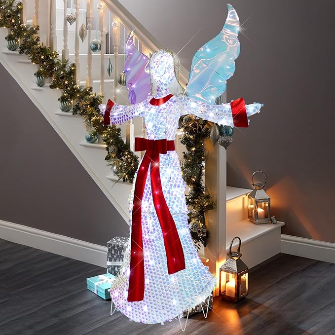 5FT Lighted-up Angel Christmas Decoration, 3D Halo Wings Angel Glitter Decor with LED Lights, Holiday Decorate The Yard Garden Lawn Porch