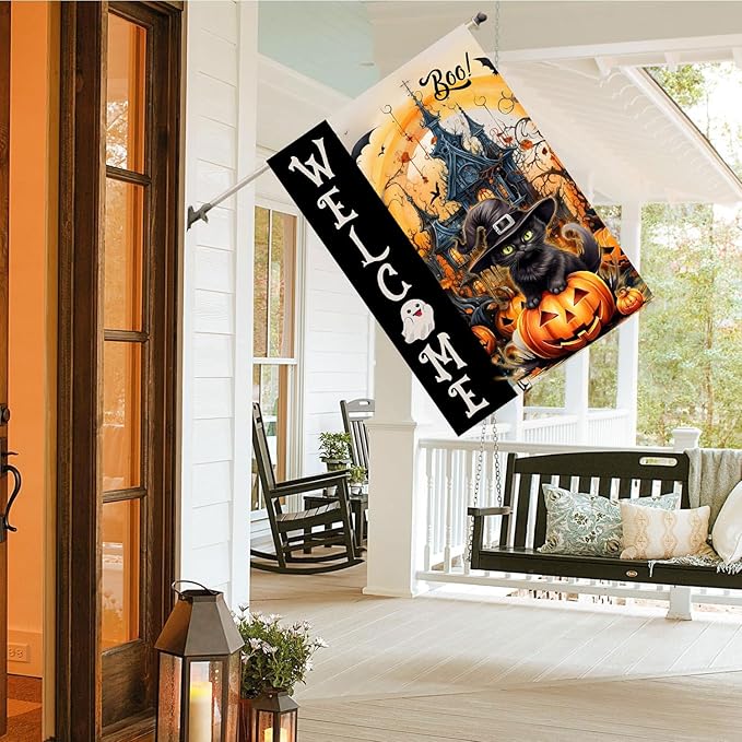 DECORLUXES Halloween House Flag 28x40 Double Sided, Welcome Cat Halloween Large Garden Flags Garden Outside Decor, Yard Flag Decorations (House + Garden flag)