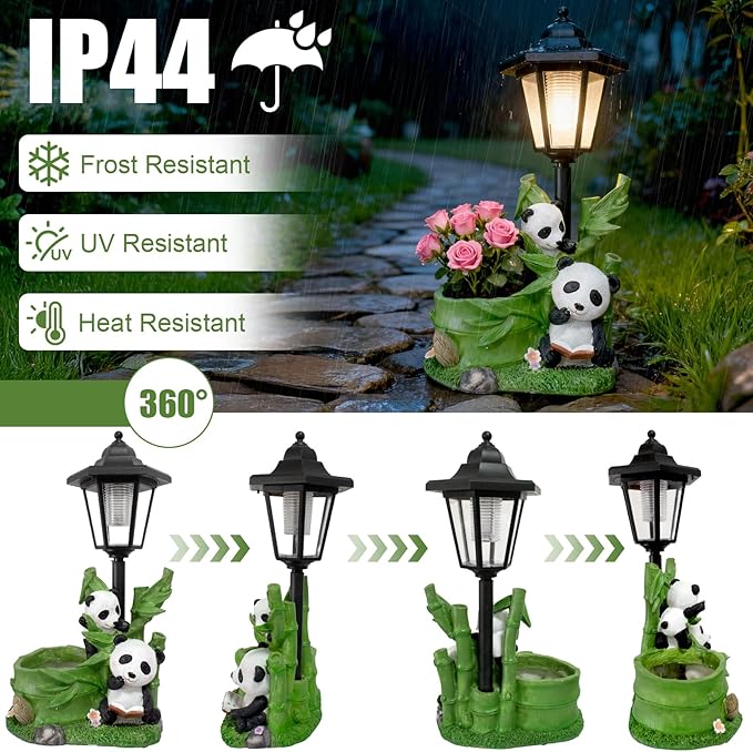 Panda Outdoor Statue with Solar Lantern Flowerpot for Garden Decor Panda Sculpture Figurine Bamboo for Patio Balcony Yard Lawn Decorations Gifts for Women Mom