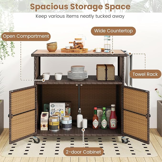 Tangkula Rattan Outdoor Storage Cabinet, Patiojoy PE Wicker Outdoor Cabinet with Acacia Wood Countertop, Open Compartment, Storage Shelf, Outdoor Bar with 4 Wheels for Garden Backyard Deck