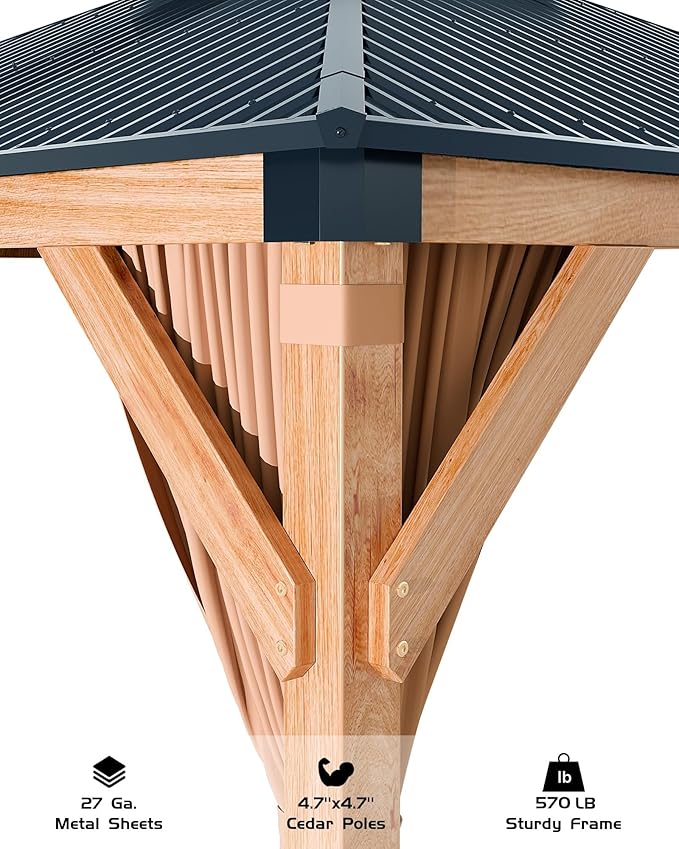GAOMON Hardtop Spruce Wood Gazebo 12'x20', with Double Roof of Metal Sheets, 4.7'' Heavy Duty Poles, Net, and Curtain, Permanent Building for Patio, Deck, Backyard, Lawn, and Garden, Khaki