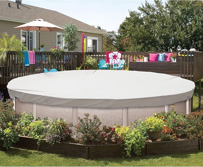 ECOOPTS Waterproof Round Polyester Pool Cover for Above Ground Pools, Swimming Pool Cover Protector Winter Safety Cover (8 ft, Light Grey)