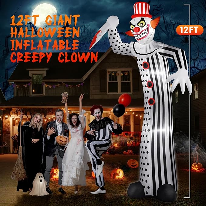 12Ft Giant Halloween Inflatables Creepy Clown, Huge Halloween Decorations Outdoor Blow Up Yard Decorations Built-in Full-Body LED Light & Strong Blower for Home Decor Party Lawn