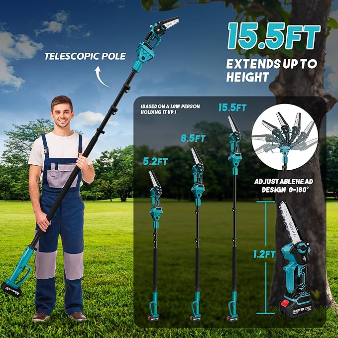 2-in-1 Cordless 6 in Pole Saw for Tree Trimming,15.5 ft Extended Reach Electric Saw with 180° Adjustable Head, Brushless Motor, 2 x 1300 Ah High-Capacity Batteries & Extra Chain
