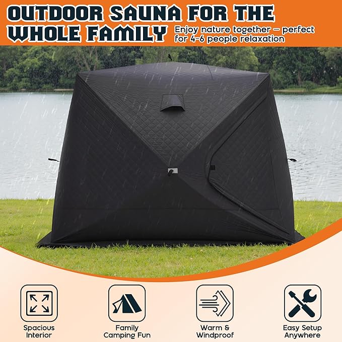 Albott Outdoor Sauna Tent, Portable Wood Burning with Stove, 4-6 Person Steam for Dry Sauna, Oxford Cloth & Carbon Steel Stove with Stone, 8.2’ x 8.2’ x 6.7’, Grey