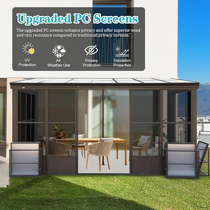 10x12FT Wall Mounted Sunroom, Outdoor Permanent Lean-to Solarium with Detachable Polycarbonate Roof, 2 Lockable Sliding Doors, Aluminum Gazebo Against The Wall Sun Room for Garden Patio Deck