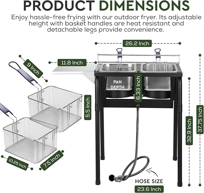 HOMIRA Iron Two-Tank Propane Deep Fryer with Thermometer, 2 Stainless Steel Baskets and Lids Fish Fryer with Adjustable Temperature Regulator, Outdoor Dual Fryer for Frying