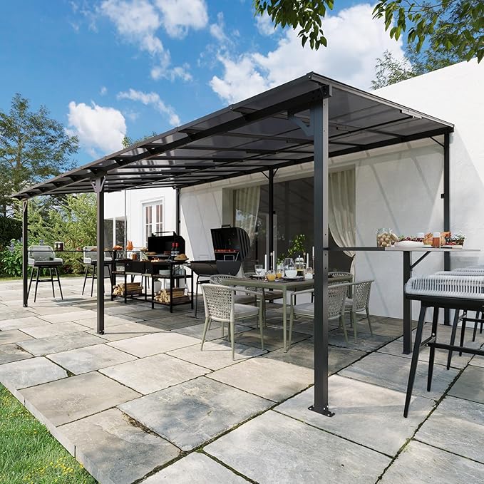 MEISSALIVVE 12' x 20' Wall Mounted Gazebo, Outdoor BBQ Grill Gazebo with Side Shelf, Lean to Metal Awnings with Sloped Roof, Heavy Duty Pergola for Backyard, Deck, Black