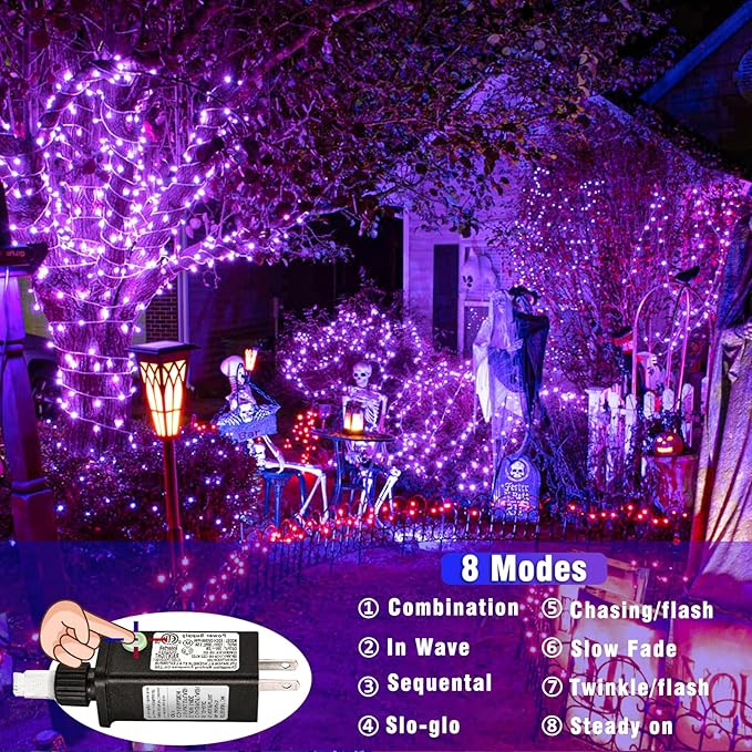 Vivideal 200 LED Halloween Lights Outdoor Waterproof 66ft Purple String Lights Clear Wire with 8 Modes Plug in Purple Christmas Light for Tree Party Halloween Decorations