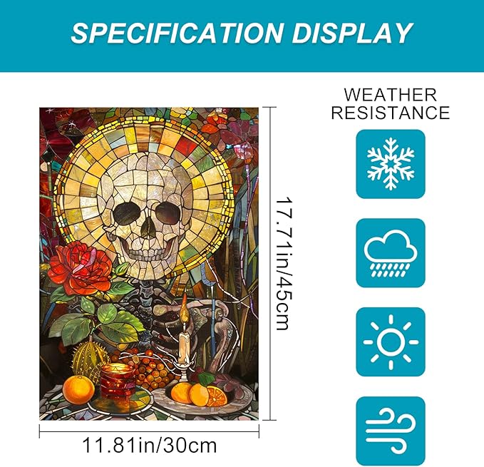Halloween Horror Garden Flag 12x18 Inch Stained Glass Skull Candle Rose Flag Spooky Skull Outdoor Yard Decoration House Banner Porch Lawn Patio Home Decor