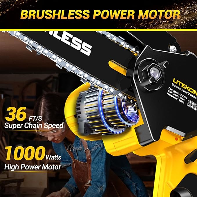 Cordless Mini Chainsaw, 1000W High Power Brushless Power Chainsaw, 2025 Upgraded 6 Inch Electric Chain Saw with 4000mAh Lithium-Ion Battery and Charger for Garden Yard Tree Branch Wood Cutting