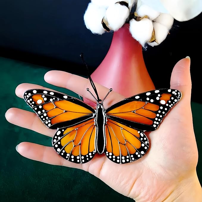 2024 New Handmade Stained Glass Butterfly Suncatcher, Sun Catcher Hanging for Car, Butterfly Decorations and Gifts for Women (C-Orange)