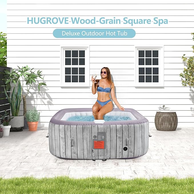 HUGROVE Square Inflatable Hot Tub for 4-6 Person, Portable Outdoor Spa with 130 Bubble Jets, Energy-Efficient Heating up to 100 °F, Smart Control, PVC Material, with Cover (Square)