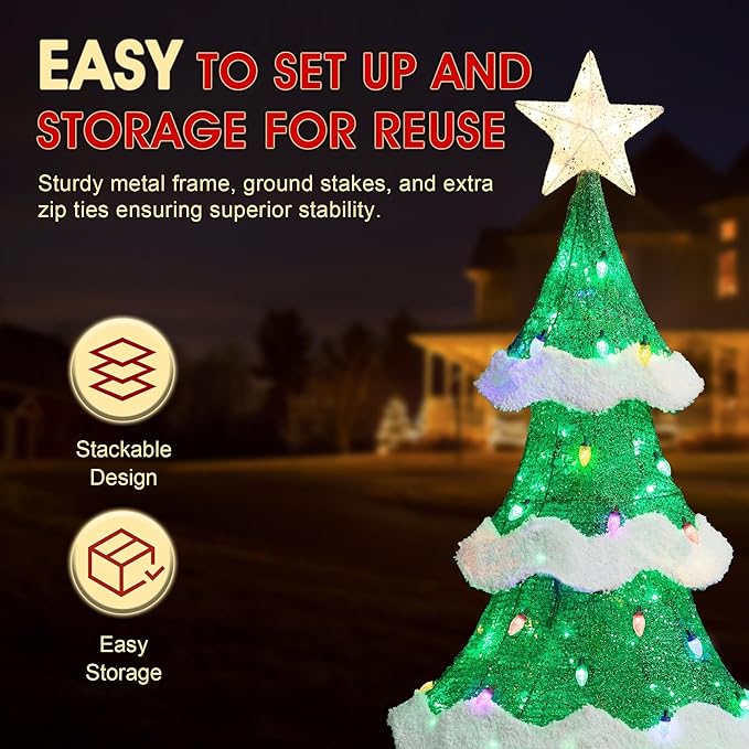 Glitzhome 6FT Outdoor Lighted 3D Christmas Tree, Large Mesh Christmas Tree Holiday Yard Decoration with Colorful Bulbs and 261 Green LED Lights, for Xmas Lighted Holiday Display Indoor Outdoor