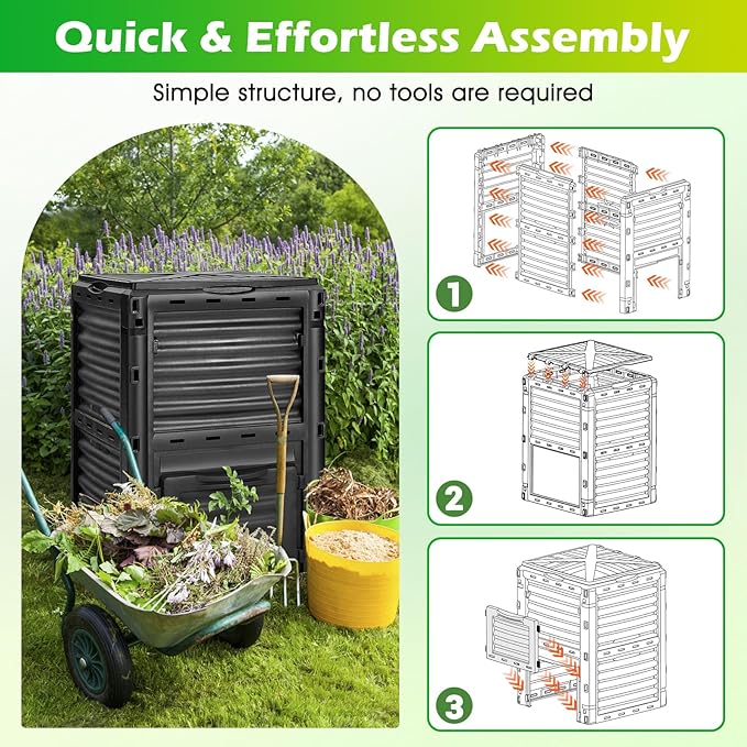 Happygrill Outdoor Compost Bin, Composting Box w/Top Flip Latch-on Lid,80 Gallons Composter for Kitchen Waste & Garden Scraps, Compost Barrel for Fast Creation of Fertile Soil (Black)