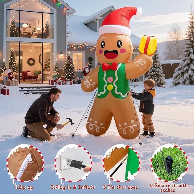 Christmas Inflatable Outdoor Decorations, 8.5 FT Gingerbread Large Blow Up Yard Decor with 3 LED Lights, Christmas Party Outdoor, Yard, Garden, Lawn Winter Decorations Ornaments