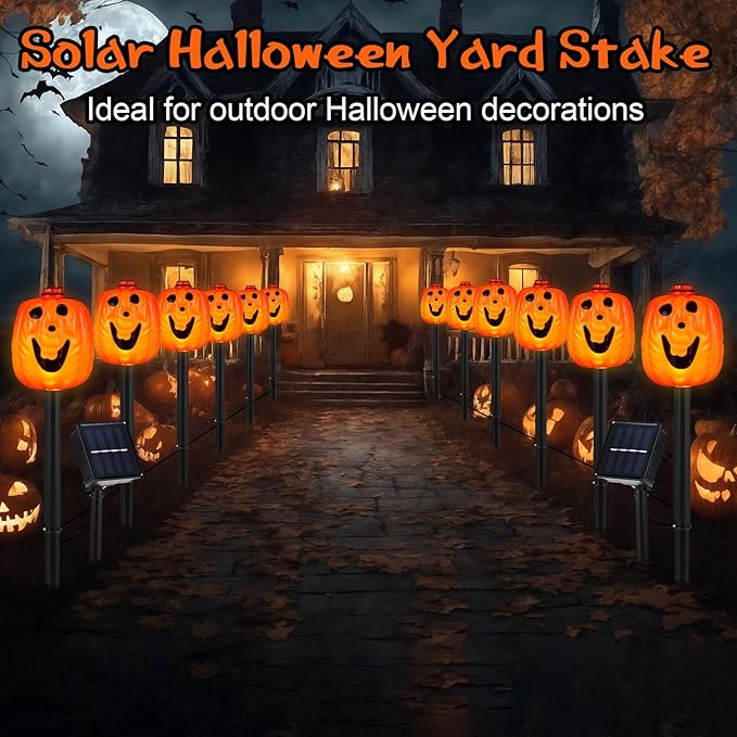 12 Pack Halloween Pumpkin Pathway Solar Lights, Orange Yard Stake Pumpkin Shaped Pathway Lights Outdoor Waterproof for Balcony Lawn Walkway Party Decor