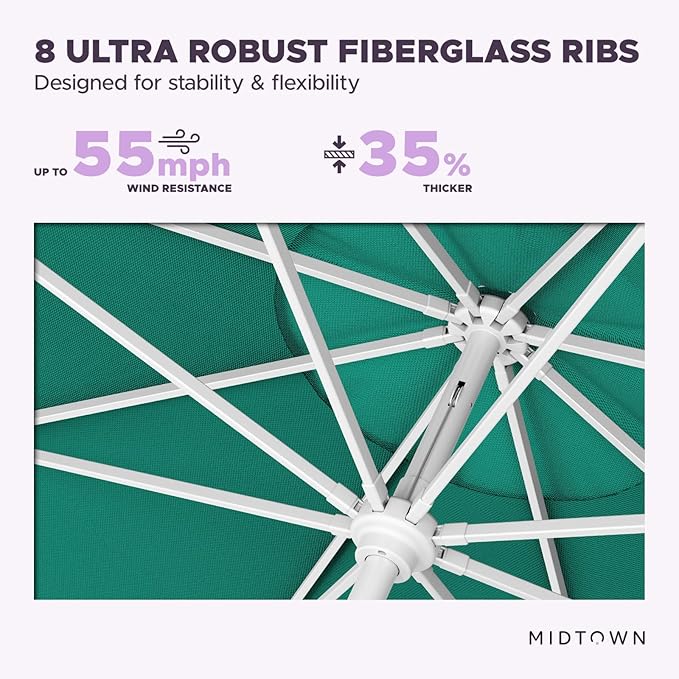 Midtown Umbrellas The Swilt 10 Feet Patio Umbrella in Sunbrella Canvas Teal Acrylic Fabric - Fiberglass Ribs, Auto-Tilt Aluminum Frame For Backyard, Deck, Garden, Pool - White Pole