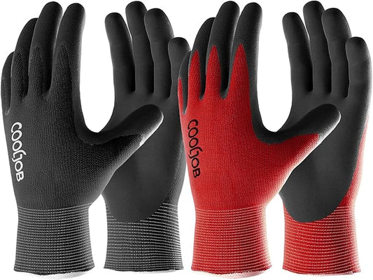 COOLJOB Gardening Gloves for Men, 2 Pairs Breathable Rubber Coated for Garden Weeding Landscaping, Outside Work for Lawn Yard, Men's Large Size, Black & Red