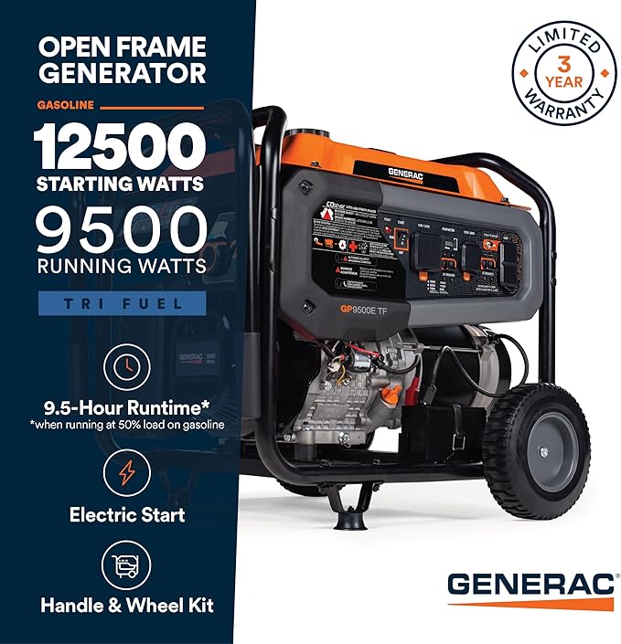 Generac 12,500 Starting Watt Tri-Fuel Portable Generator - Electric Start - Gas, Propane or Natural Gas - Home Backup, Jobsite, or RV - Quiet Operation - Long Runtime - 49-State Compliant
