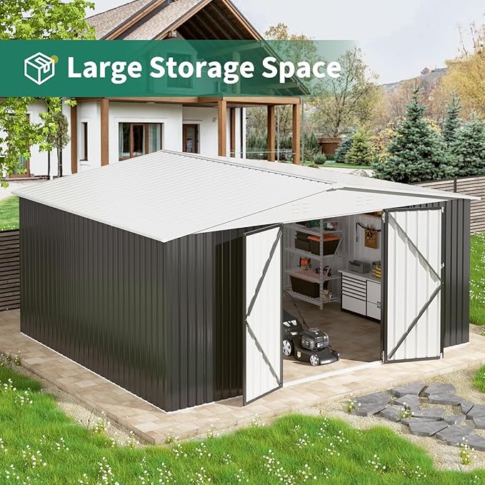 VIWAT 12x14 FT Outdoor Storage Shed, Garden Shed with Updated Frame Structure and Lockable Doors, Metal Tool Sheds for Backyard Garden Patio Lawn, White