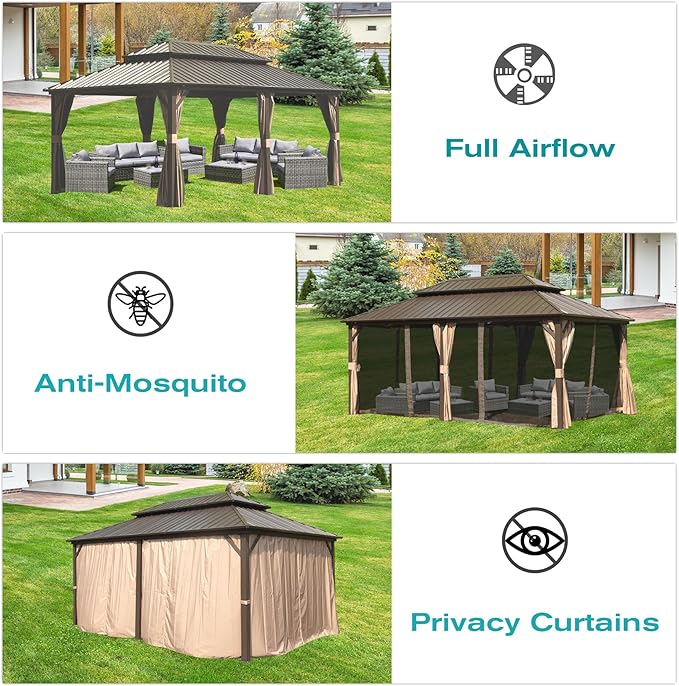 Domi 12' x 18' Hardtop Gazebo Permanent Metal Gazebo with Galvanized Steel Double Roof, Curtains and Netting for Party, Wedding, Outdoor Dining, Patio, Backyard, Brown