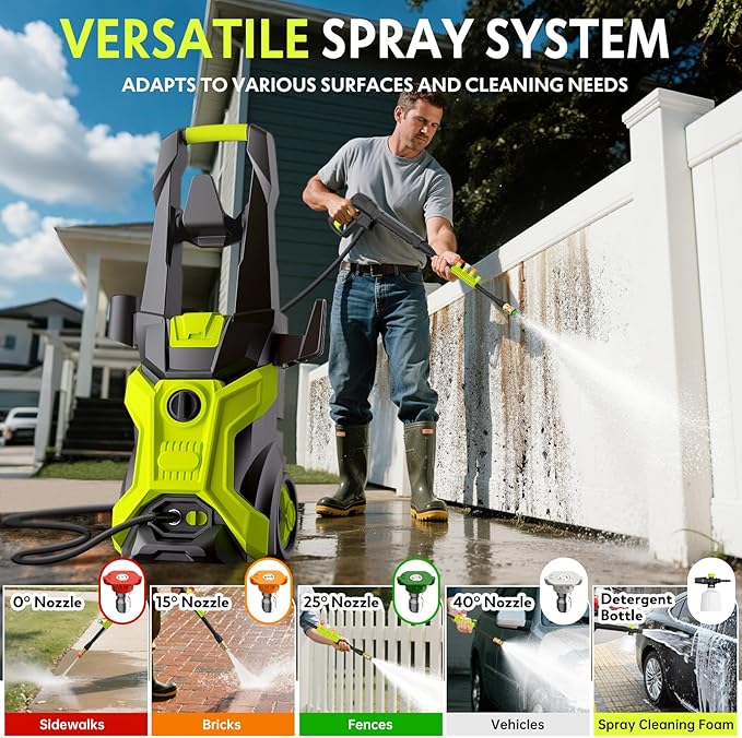 Power washers for Home, Home Cleaning, 4 Quick-Connect Nozzles & Adjustable Soap Tank Washers for Cars, Driveways, Patios, Fences