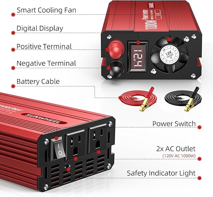 SUNWHEEL 1000W Power Inverter, DC 12V to 110V AC Car Inverter with LCD Screen Display, 2 AC Outlets, Equipped with 2 Clips for Truck, Home, Vehicles, Laptop, Trip