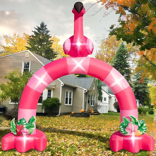 Eyourlife 12FT Pink Flamingo Inflatable Arch,Giant Fall Inflatable Flamingo Outdoor Decor,Blow-Up Flamingo with 1Blower 6LED Lights and 2Hawaiian Leis for Summer Yard Garden Birthday Luau Beach Party