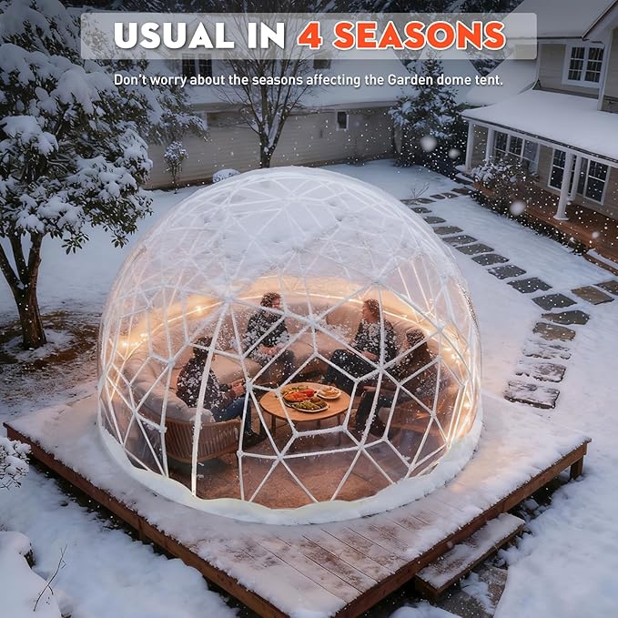 12FT Garden Dome Tent, Geodesic Dome Greenhouse with PVC Clear Cover, Waterproof Garden Bubble Dome Tent House with 2 x 10M Light Strings for Outdoor, Patio, Backyard, Party (White Edge, 10FT/3M)