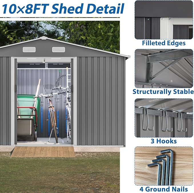 8×10 Ft Metal Outdoor Storage Shed with Floor Base and Sliding Door, 0.25mm Galvanized Steel Metal Garden Tool Shed Waterproof Backyard, Patio, Garden, Dark Grey